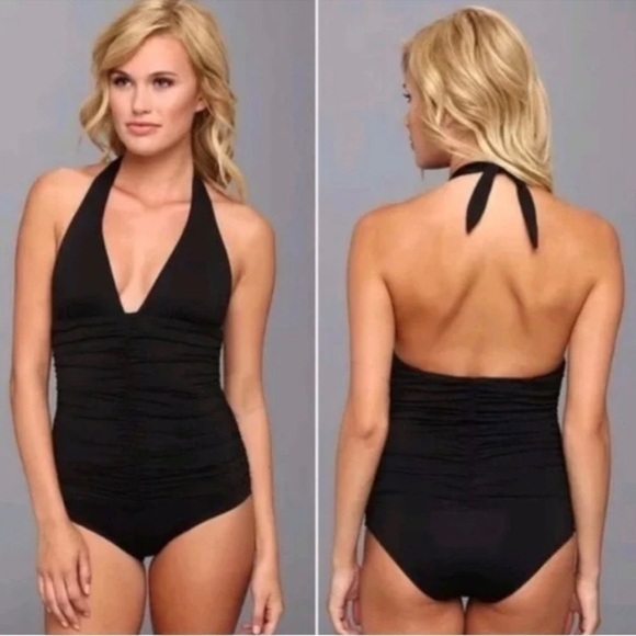 L*Space One Piece Swimsuit Women Size 6 Black Ruched Halter V Neck B14 - Picture 1 of 7